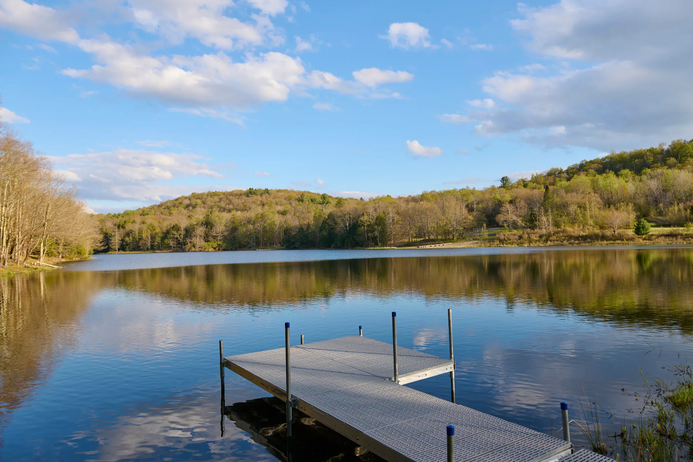 Floating dock on the private lake at Verdant Sound — still water, forested hills, morning sky